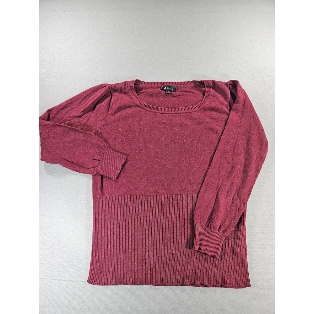 AB Studio Burgundy Crewneck Sweater Ribbed Waist Puff Sleeve Y2K XL